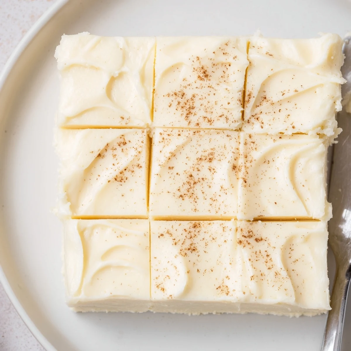 Rich Eggnog Fudge cut into neat bites, chilled and ready to serve  