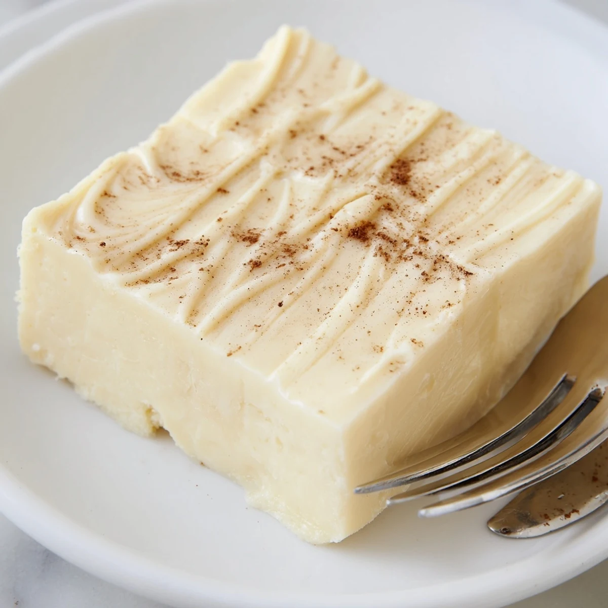 Creamy Eggnog Fudge squares dusted with grated nutmeg on parchment  