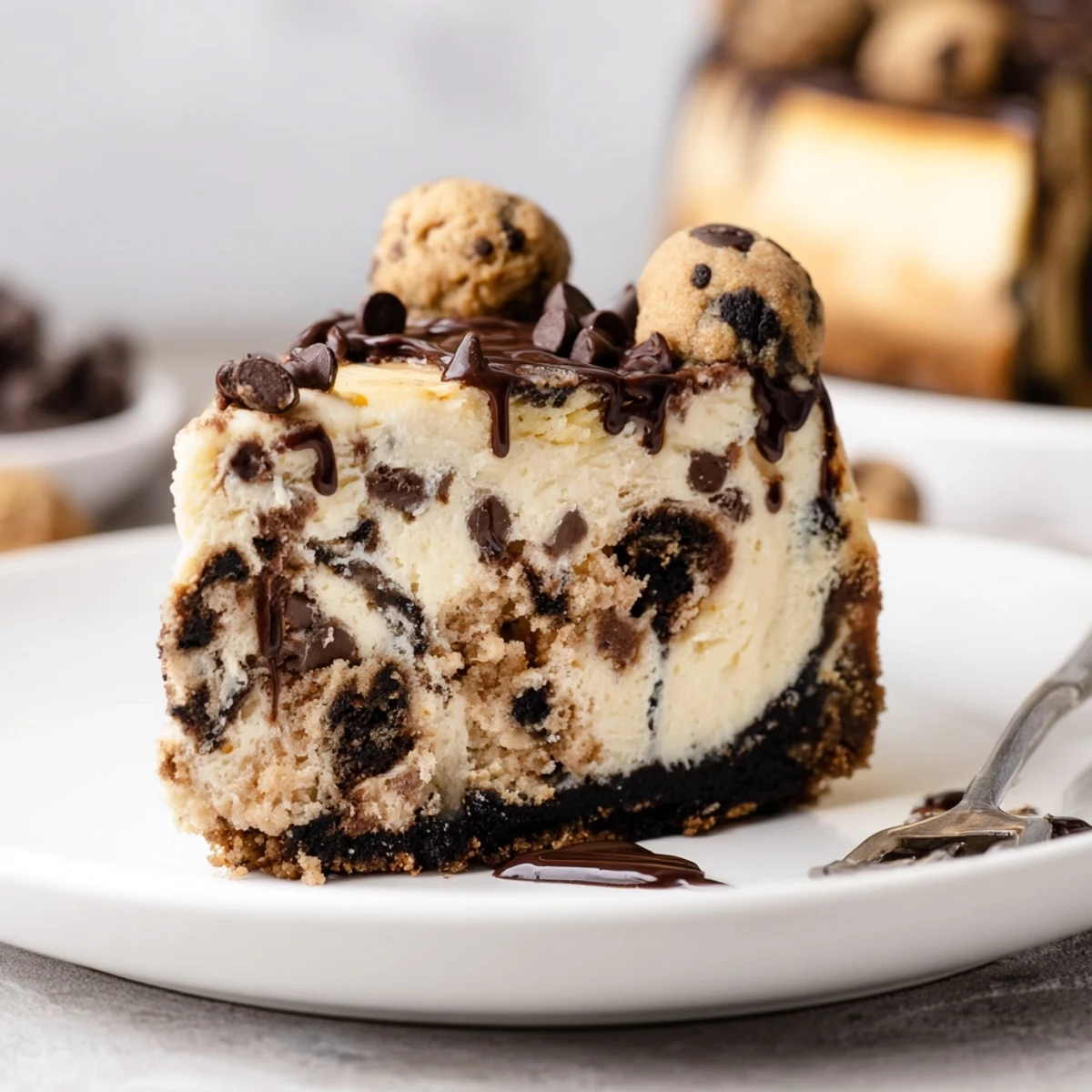 Chocolate Chip Cookie Dough Cheesecake chilled, creamy layers with gooey cookie dough pockets