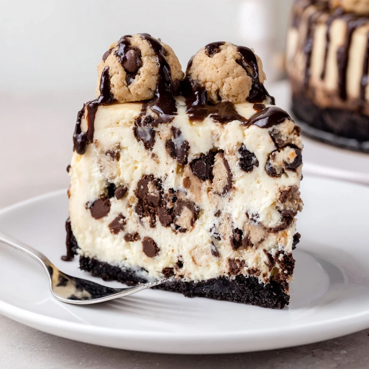 Slice of Chocolate Chip Cookie Dough Cheesecake on plate, chocolate crust visible