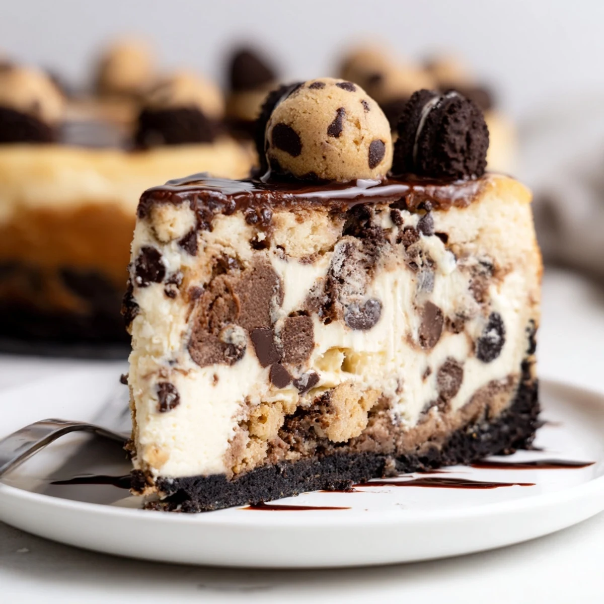 Chocolate Chip Cookie Dough Cheesecake topped with mini chips and chocolate drizzle, decadent