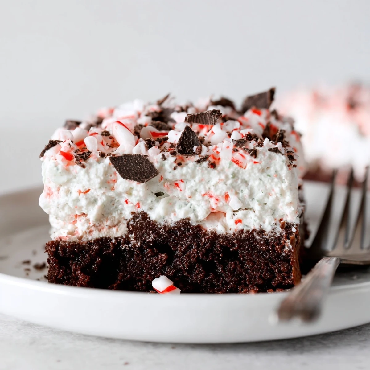 Peppermint Poke Cake with glossy whipped topping and crunchy crushed candy canes