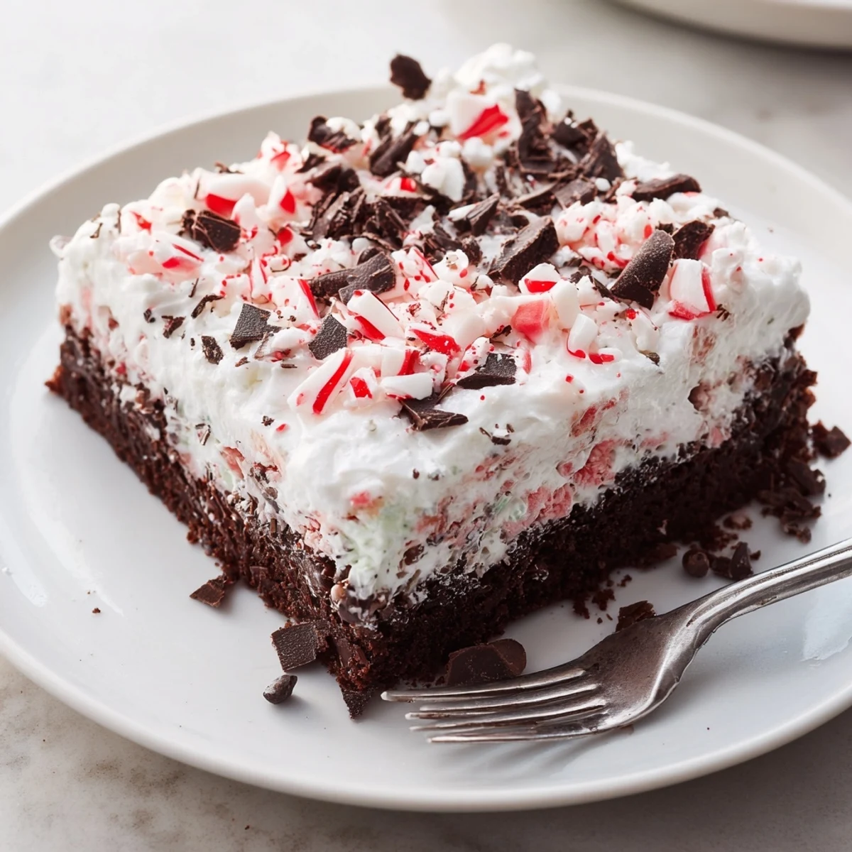 Homestyle Peppermint Poke Cake showing pudding filled holes and festive sprinkles