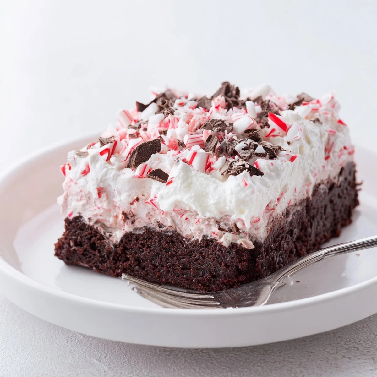 Slices of Peppermint Poke Cake chilled on a platter, minty aroma