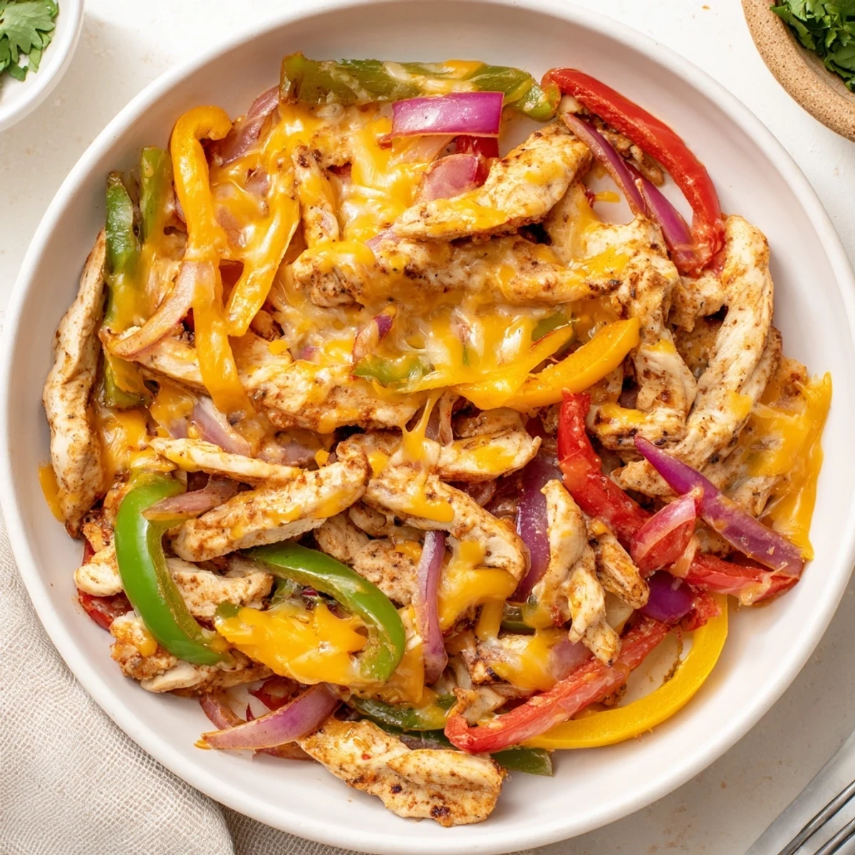 Cheesy Baja Chicken Bell Pepper Skillet sizzling with melted cheese and charred peppers