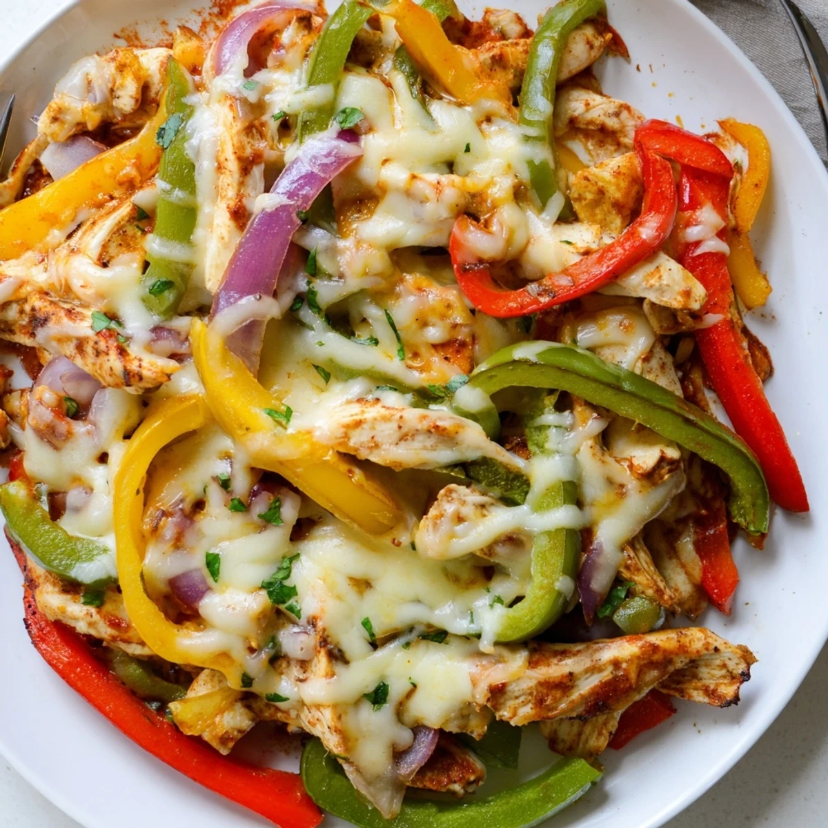 Bright Cheesy Baja Chicken Bell Pepper Skillet served hot with lime and cilantro