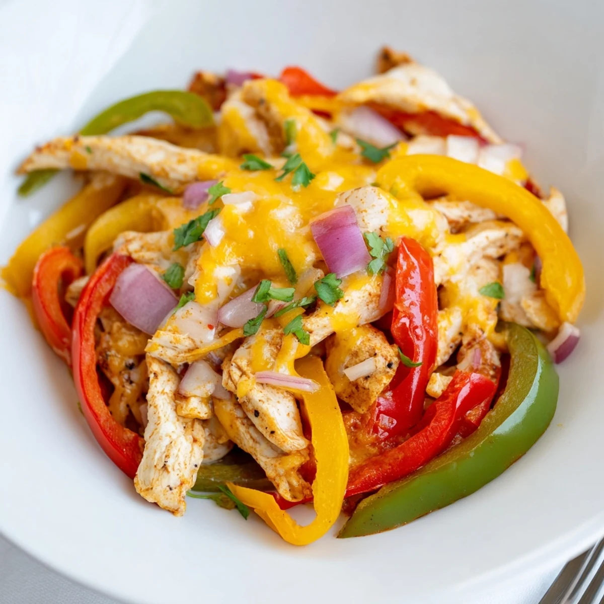 Family style Cheesy Baja Chicken Bell Pepper Skillet bubbling, tender chicken and melted cheddar