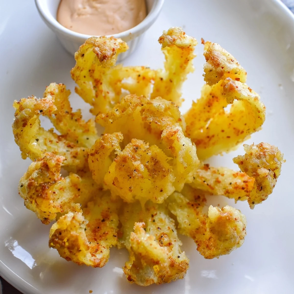 Crispy Mini Bloomin Onions Recipe: golden petals, crunchy coating, warm dipping sauce.