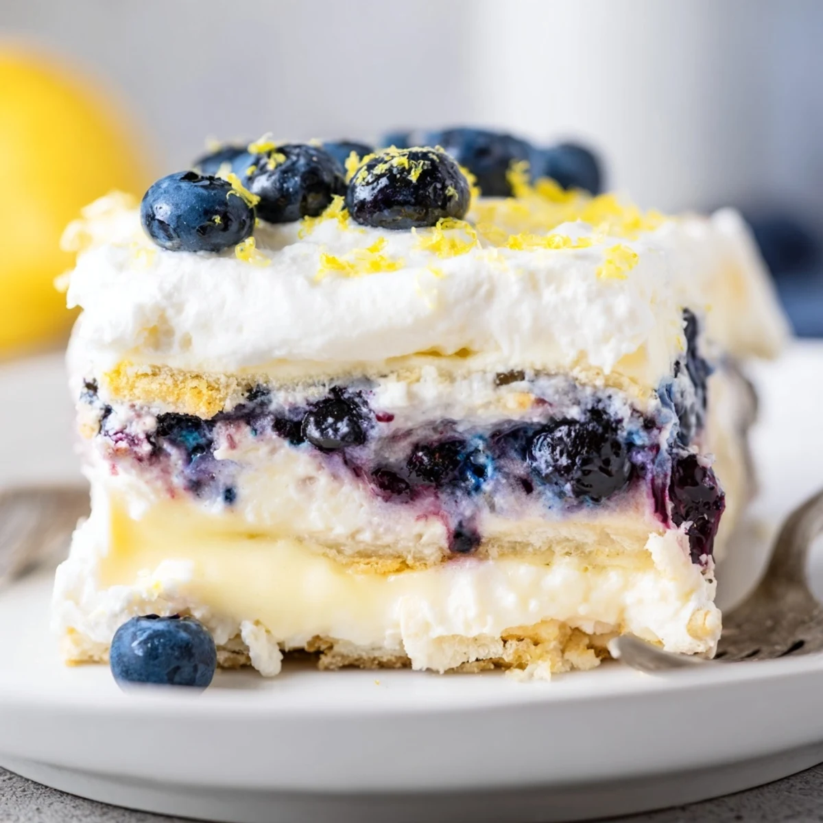 Lemon Blueberry Lasagna Recipe layered with creamy lemon filling and juicy blueberries.