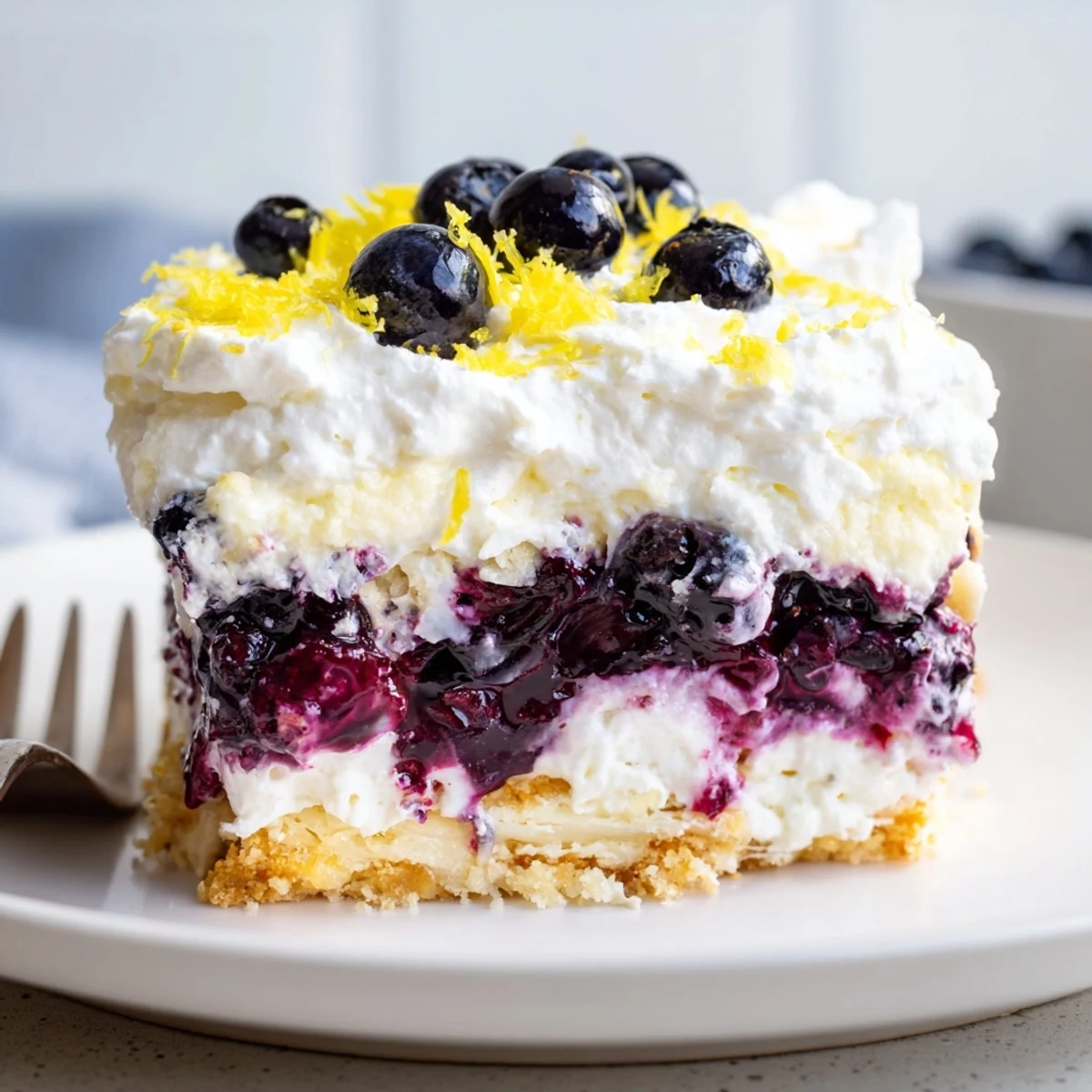 No-bake Lemon Blueberry Lasagna Recipe on a serving plate, buttery cookie crust.