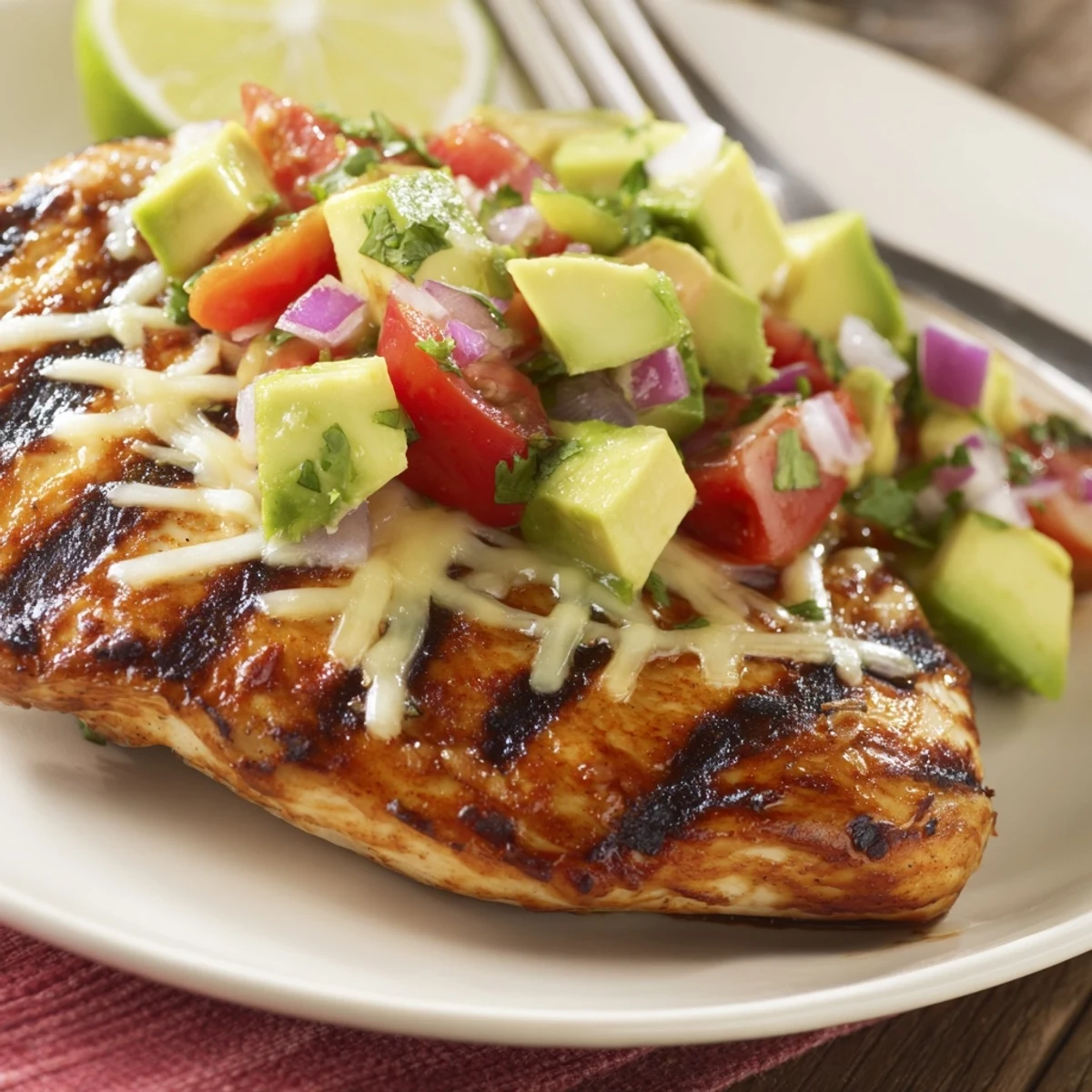 Grilled Fiesta Lime Chicken With Avocado topped with melting cheese and lime