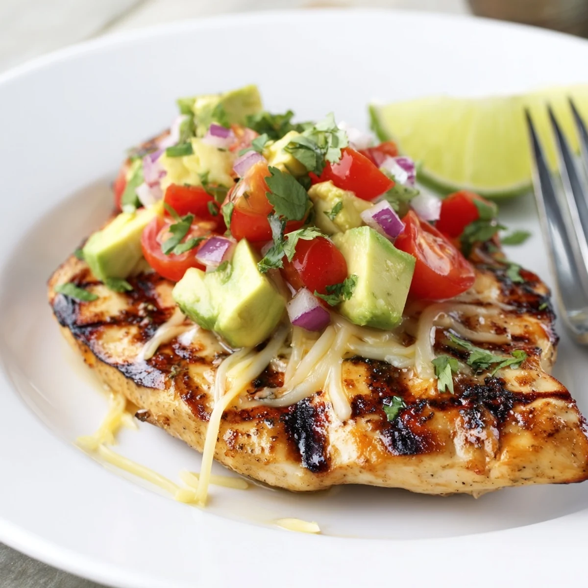 Zesty Fiesta Lime Chicken With Avocado served with cherry tomato salsa and lime