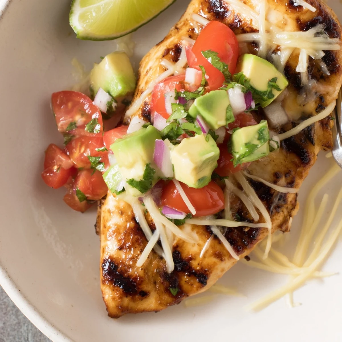 Seared Fiesta Lime Chicken With Avocado finished with tangy lime crema and cilantro