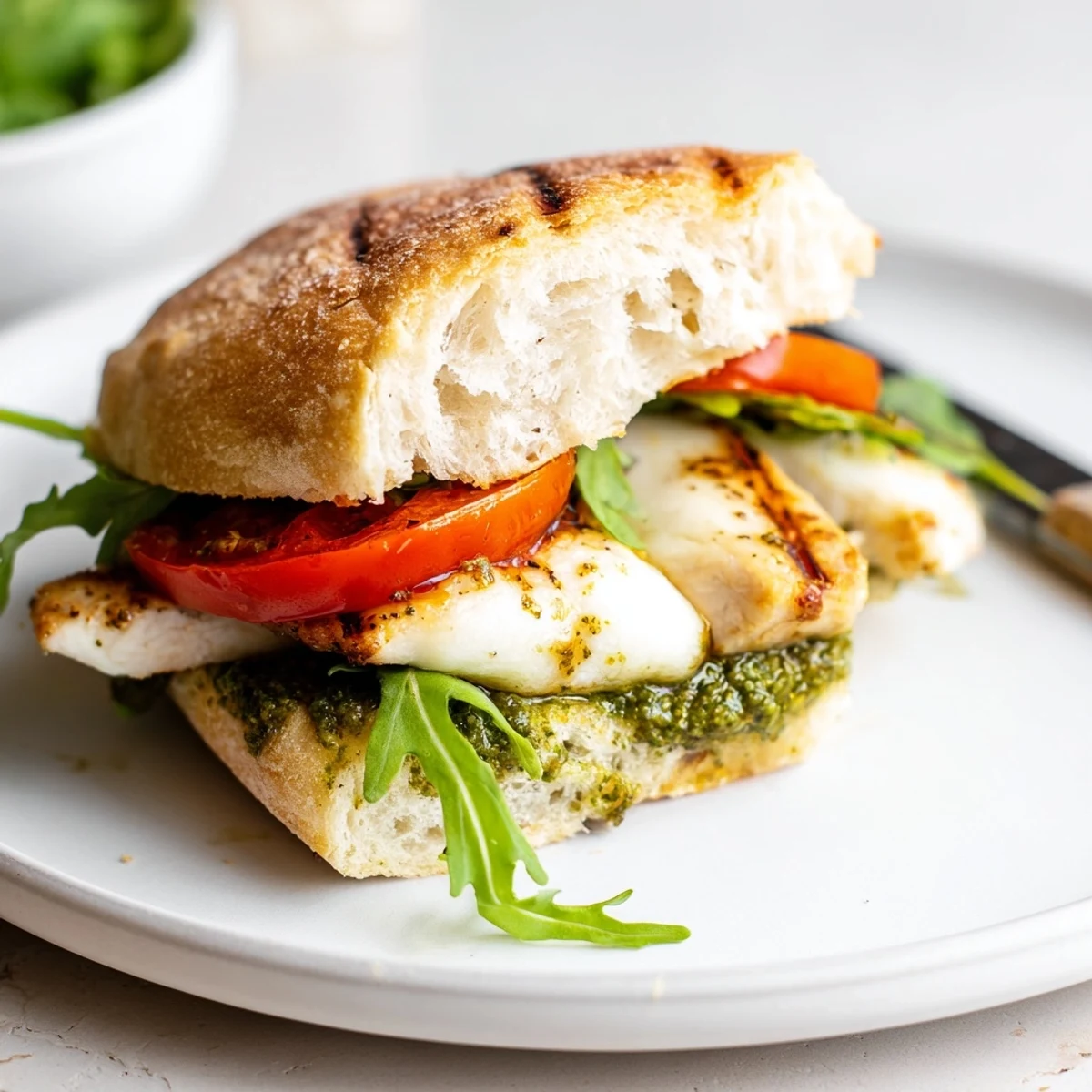 Grilled Chicken Pesto Sandwich layered with ripe tomato, creamy mozzarella, basil.