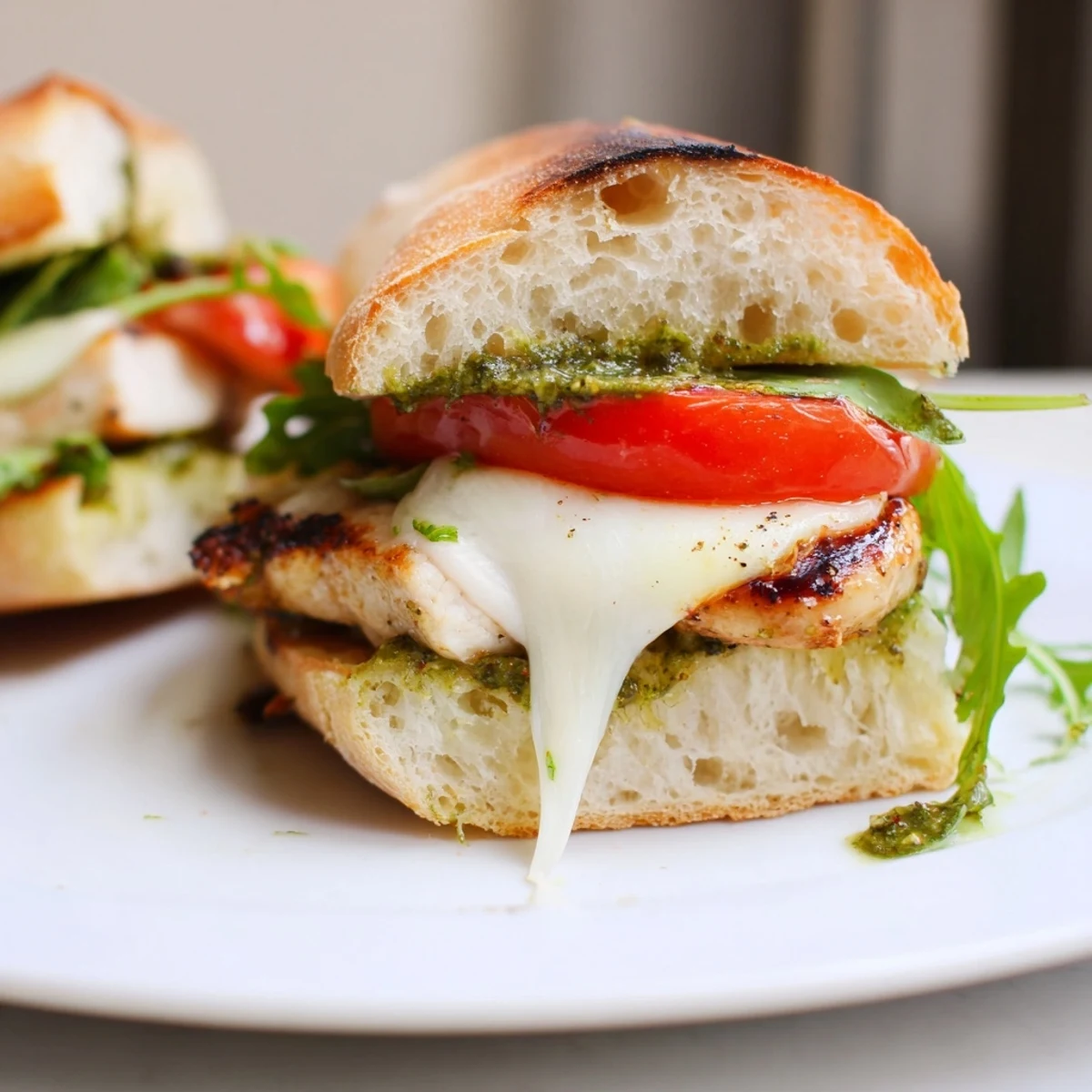 Toasted ciabatta Chicken Pesto Sandwich with molten mozzarella and peppery arugula.