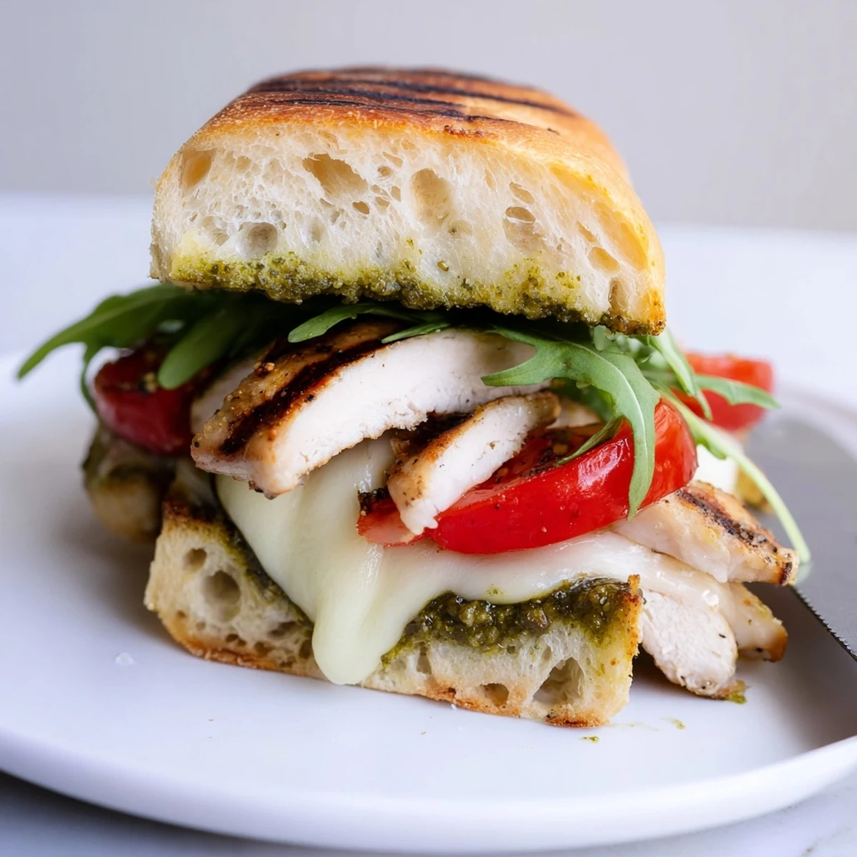 Warm Chicken Pesto Sandwich served with crisp arugula, buttery toasted bread.