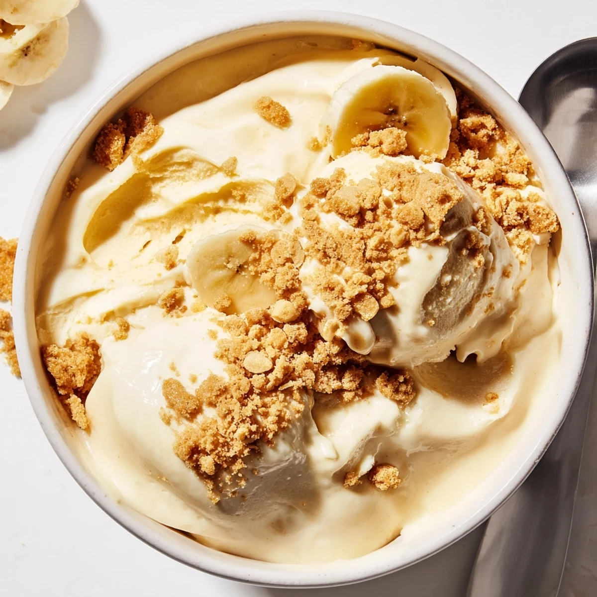 Bowl of velvety Ninja Creami Banana Cream Pie Ice Cream with graham swirl