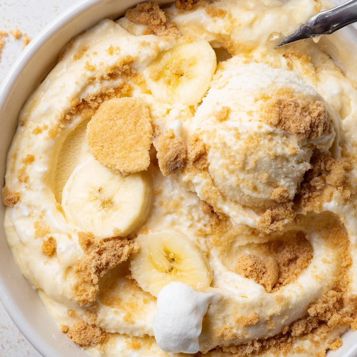 Spoonful of creamy Ninja Creami Banana Cream Pie Ice Cream topped with whipped cream