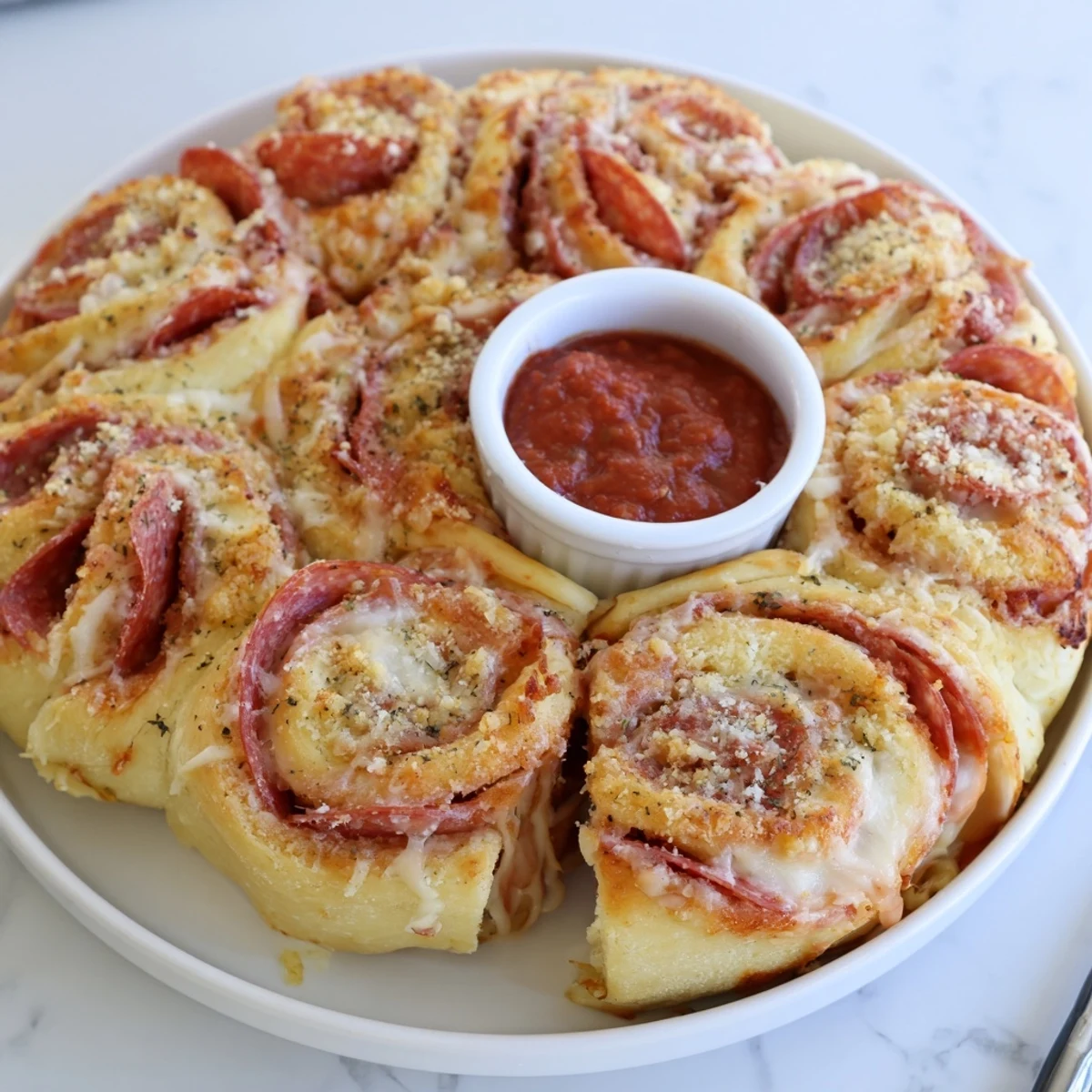 Pepperoni Pizza Roll Breadsticks Recipe, golden, cheesy spirals steaming beside marinara