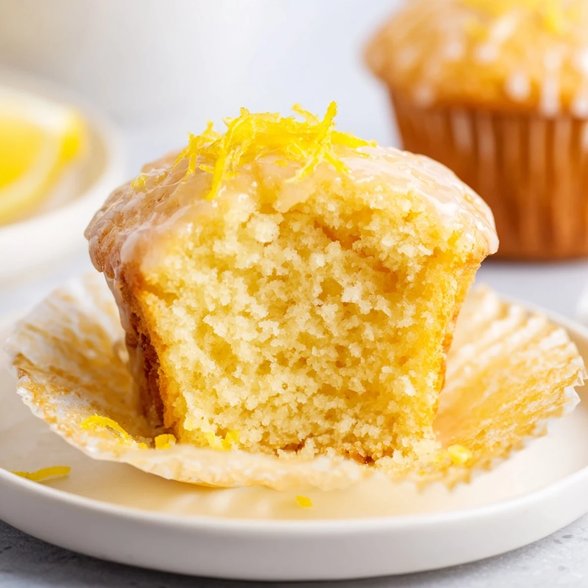 Close-up of Glazed Lemon Ginger Muffins showing tender crumb and zesty glaze
