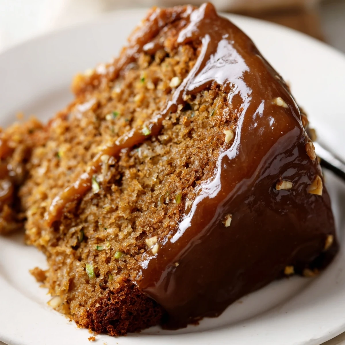 Moist Zucchini Cake With Brown Sugar Icing sliced, steaming beside coffee.