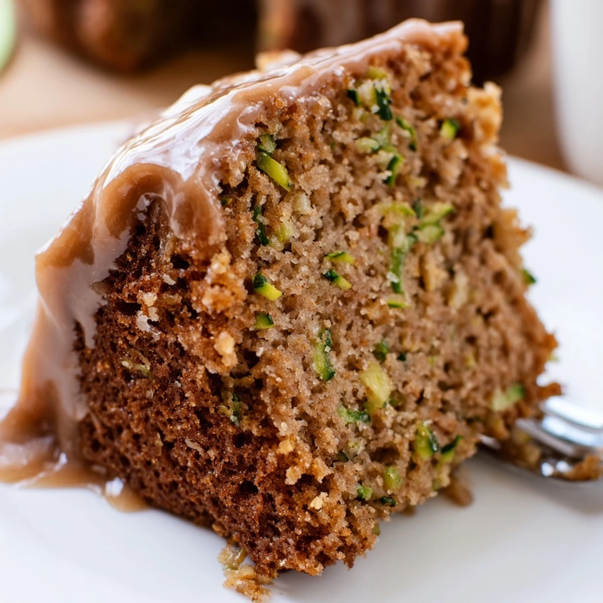 A slice of Zucchini Cake With Brown Sugar Icing on cooling rack.