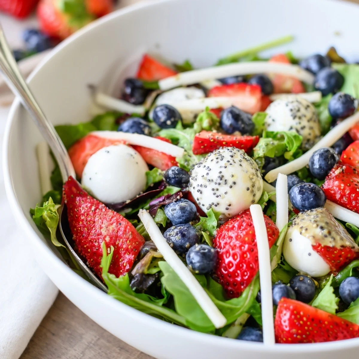 Bright 4th Of July Salad with strawberries, blueberries, mozzarella and tangy poppy dressing