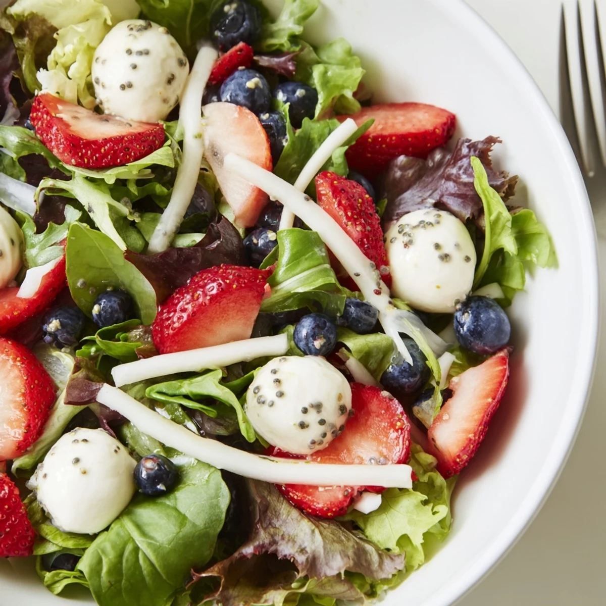 Chilled 4th Of July Salad on platter, crisp jicama and honeyed dressing