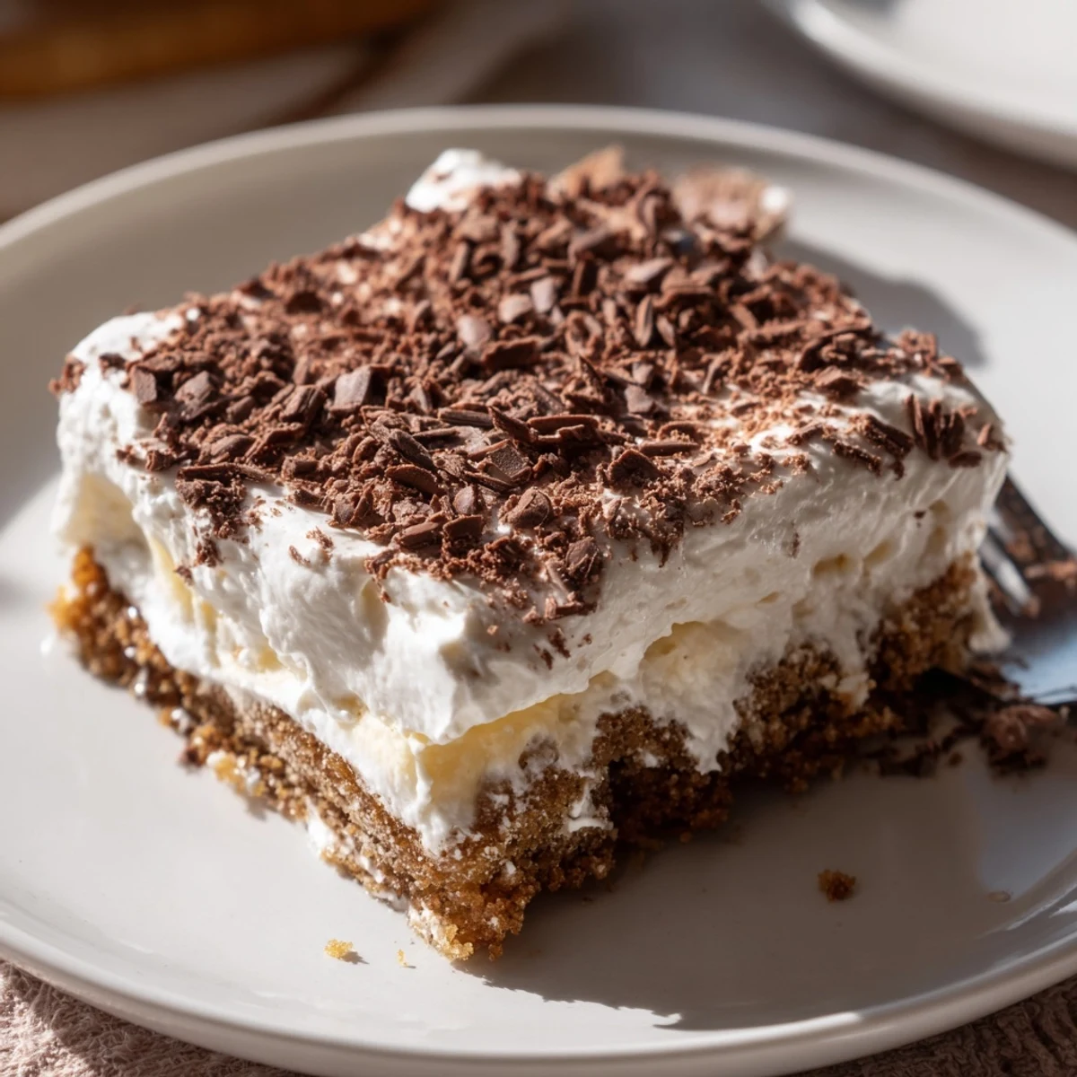 Chilled No Bake Layered Dessert sliced, fluffy whipped cream, melting cookie base