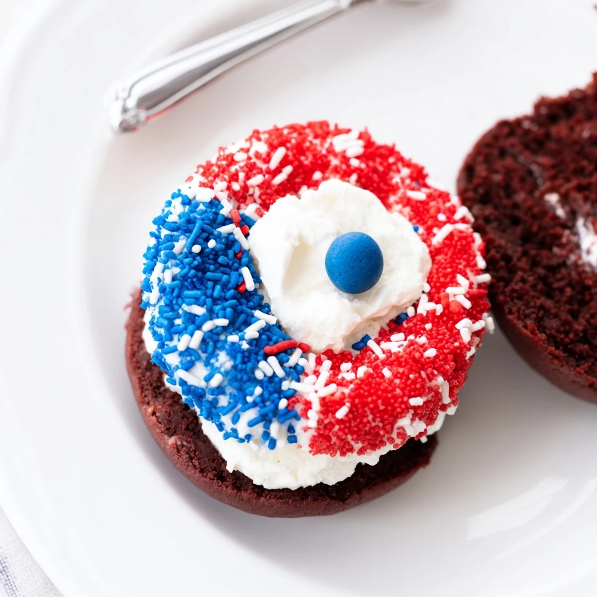Plate of Patriotic Whoopie Pies Dessert For July Memorial Day, chocolatey, fluffy