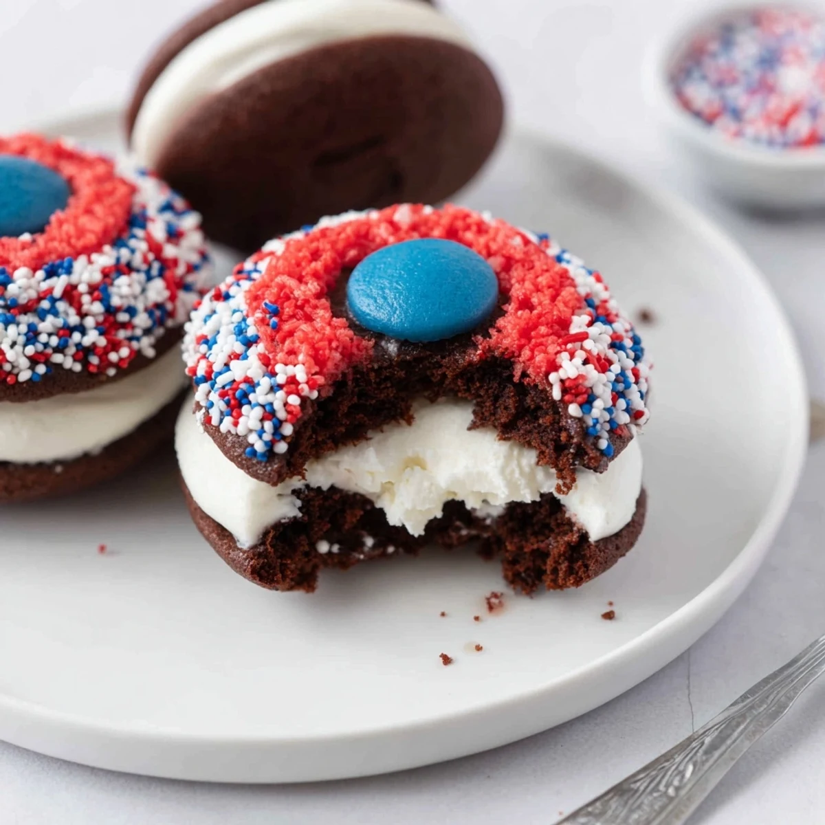 Stacked Patriotic Whoopie Pies Dessert For July Memorial Day, piped red, white, blue frosting