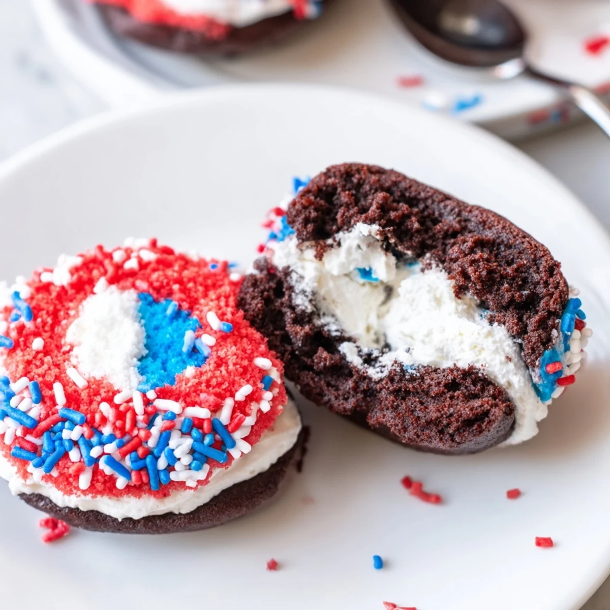Patriotic Whoopie Pies Dessert For July Memorial Day, filled with marshmallow creme