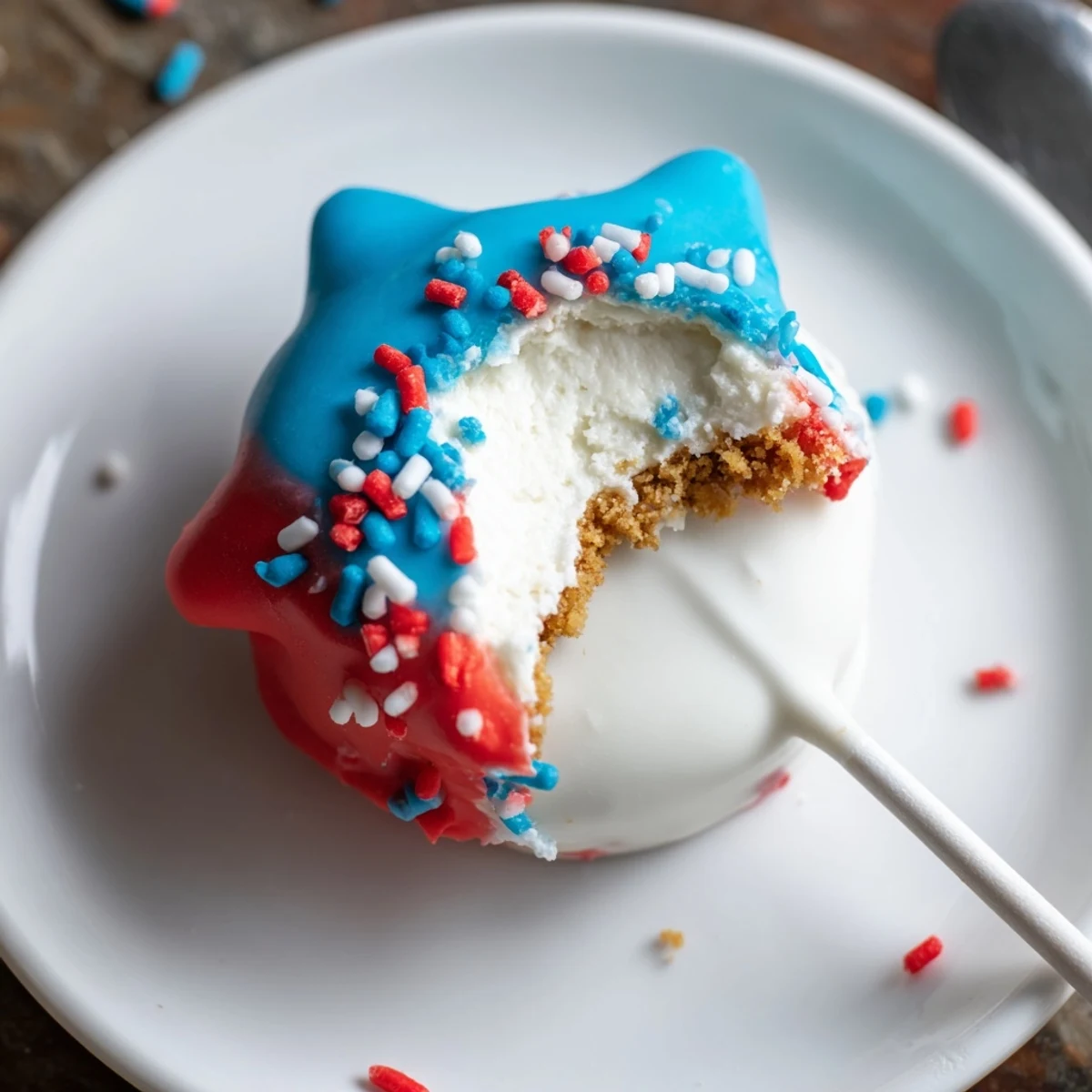 Bright red, white, and blue Fourth Of July Star Cheesecake Pops resting on parchment.
