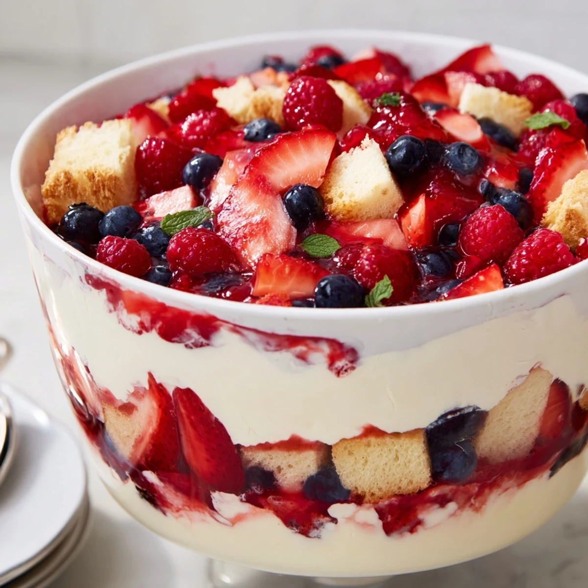 Berry Vanilla Cream Trifle layered with juicy berries, sponge cake, silky custard.