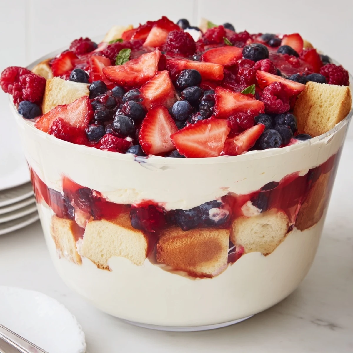 Chilled Berry Vanilla Cream Trifle topped with mint and glossy fresh berries.