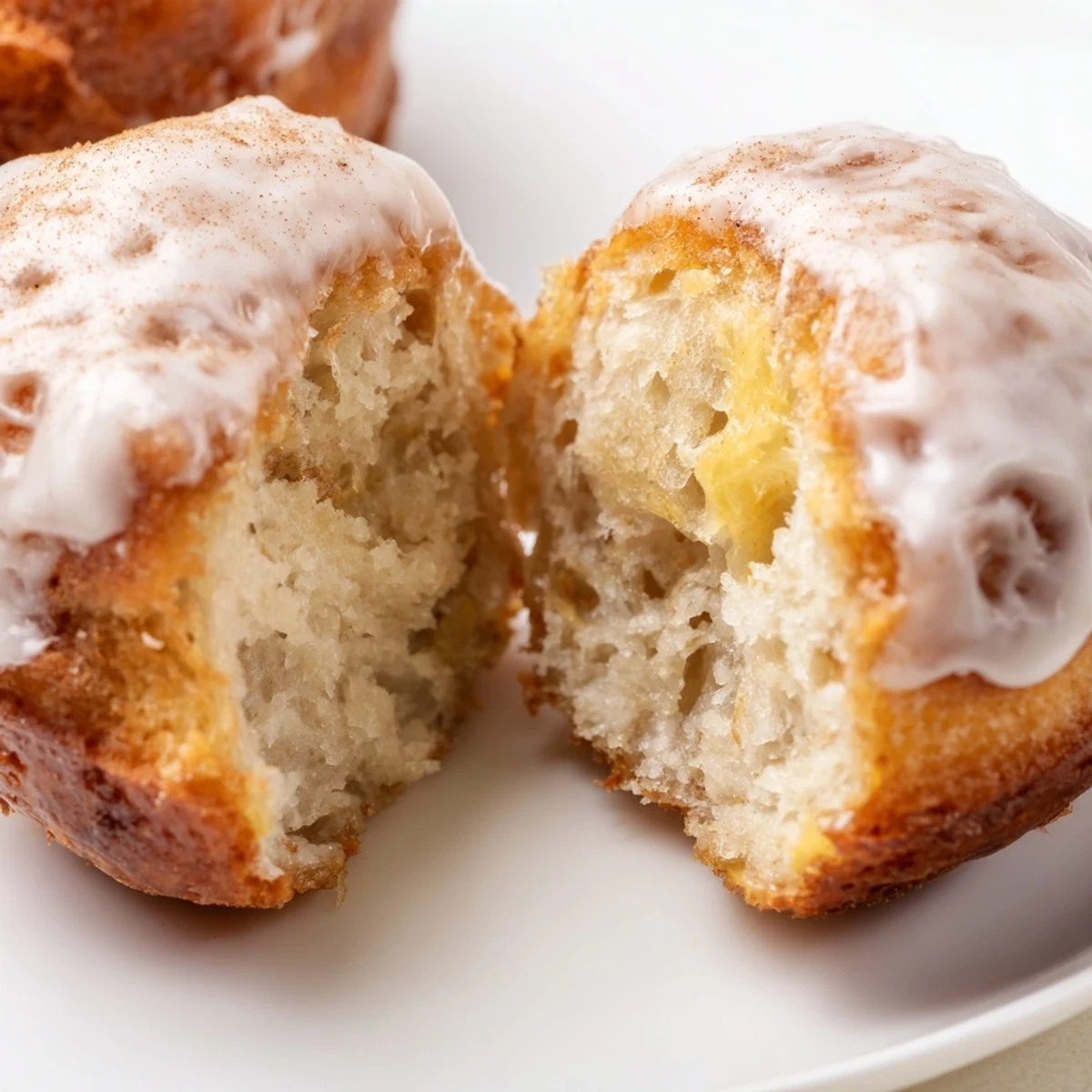 Baked Banana Donuts sliced open showing moist, fluffy, banana-speckled crumb