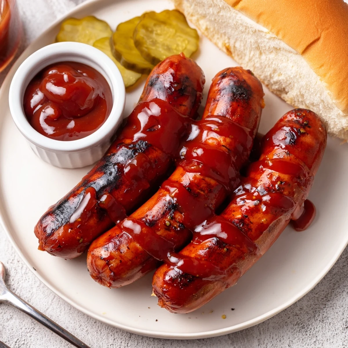 Grilled BBQ Sausage Recipe served in buns with tangy coleslaw and pickles.