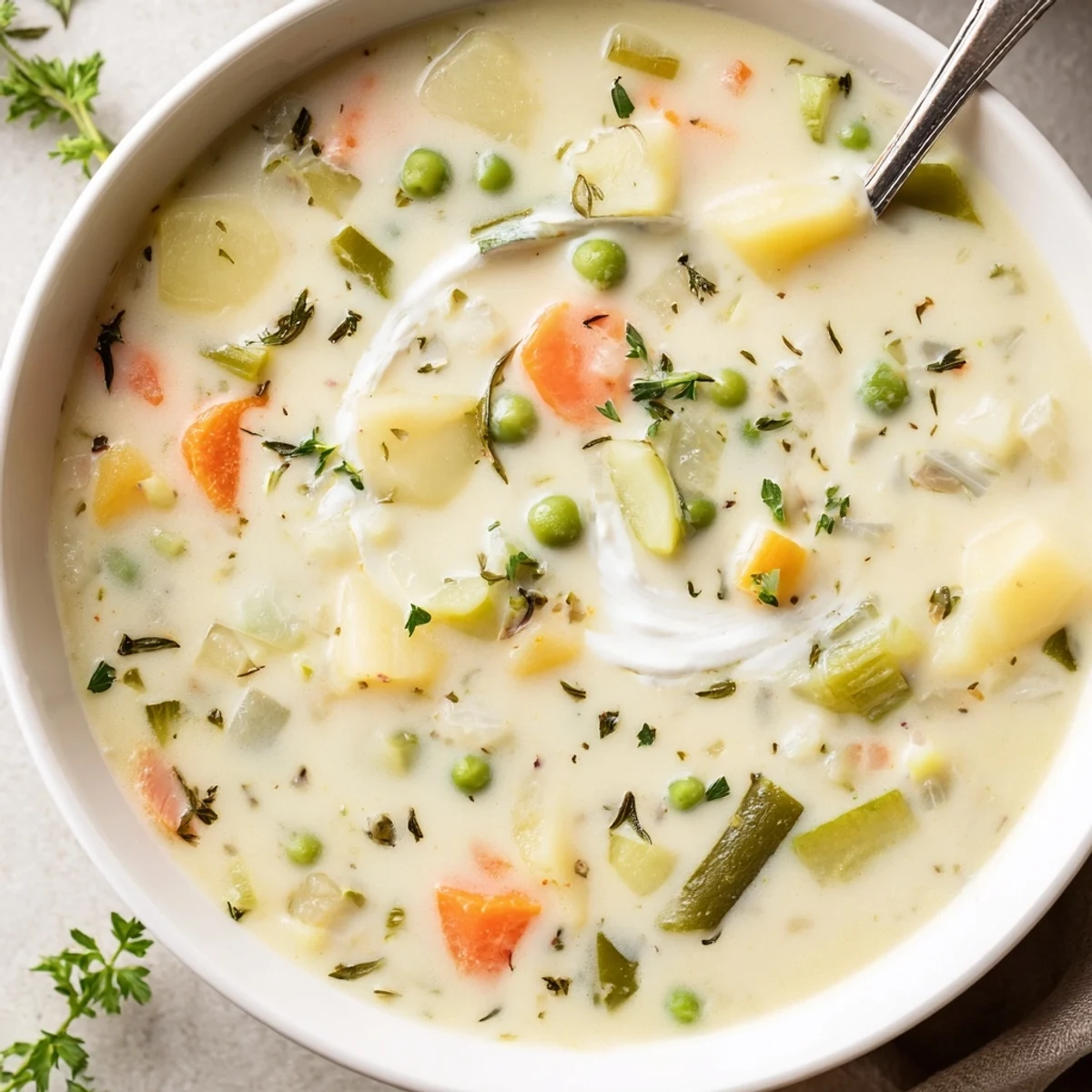 Bowl of Creamy Vegetable Soup Recipe beside crusty bread, warm aroma.