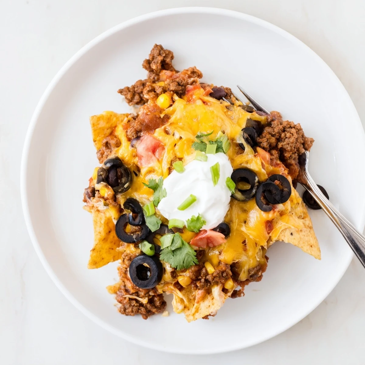 A layered Cheesy Nacho Casserole featuring spiced beef, warm beans, fresh cilantro.