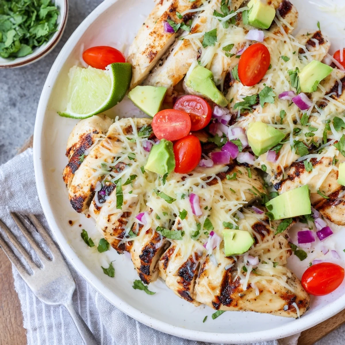 Grilled Fiesta Lime Chicken With Avocado, zesty char marks and citrus aroma  