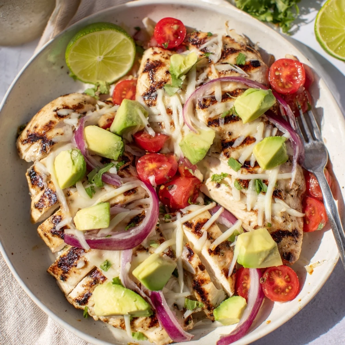 Fiesta Lime Chicken With Avocado served on warm tortillas with cilantro garnish  