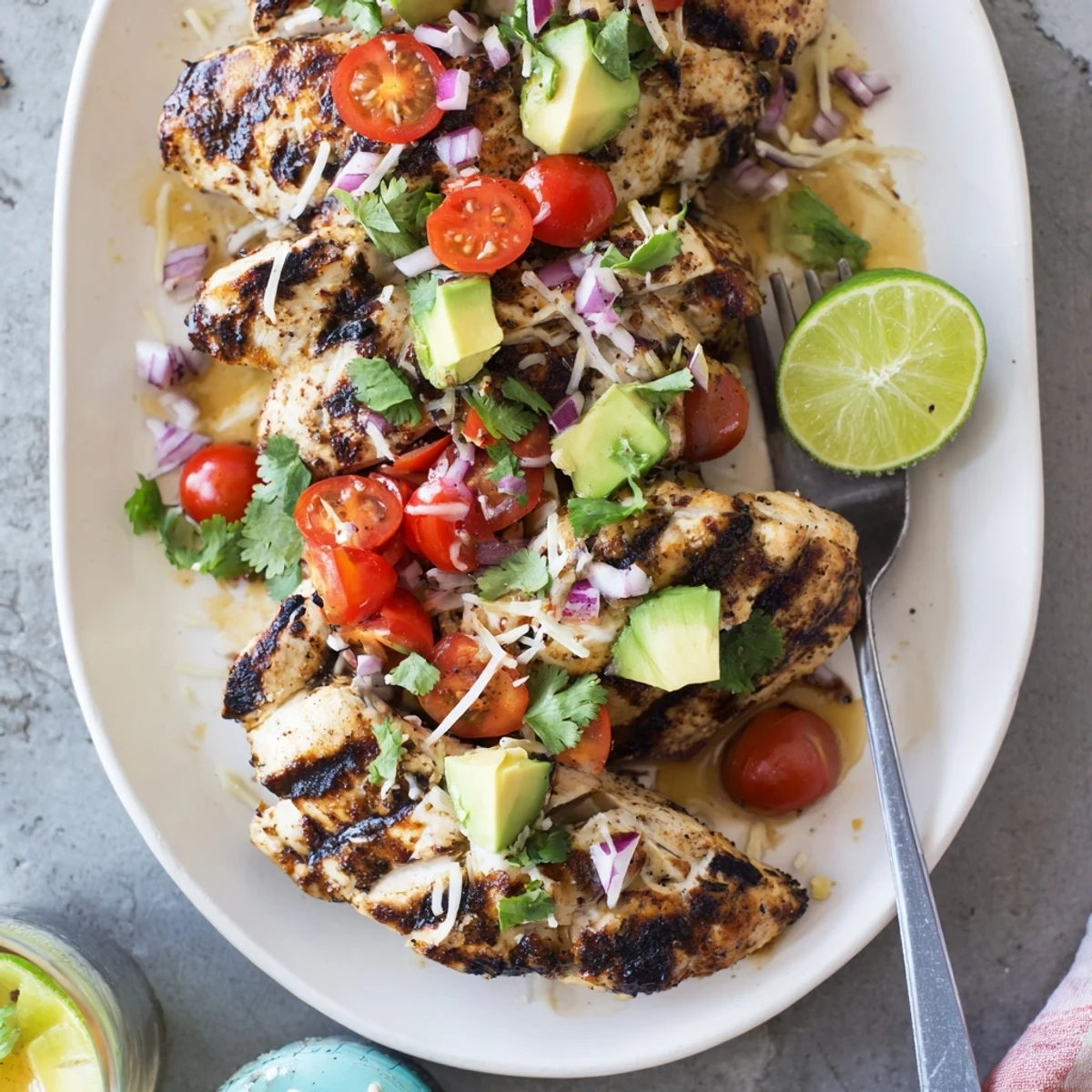 Juicy, marinated Fiesta Lime Chicken With Avocado resting under melted cheese and lime