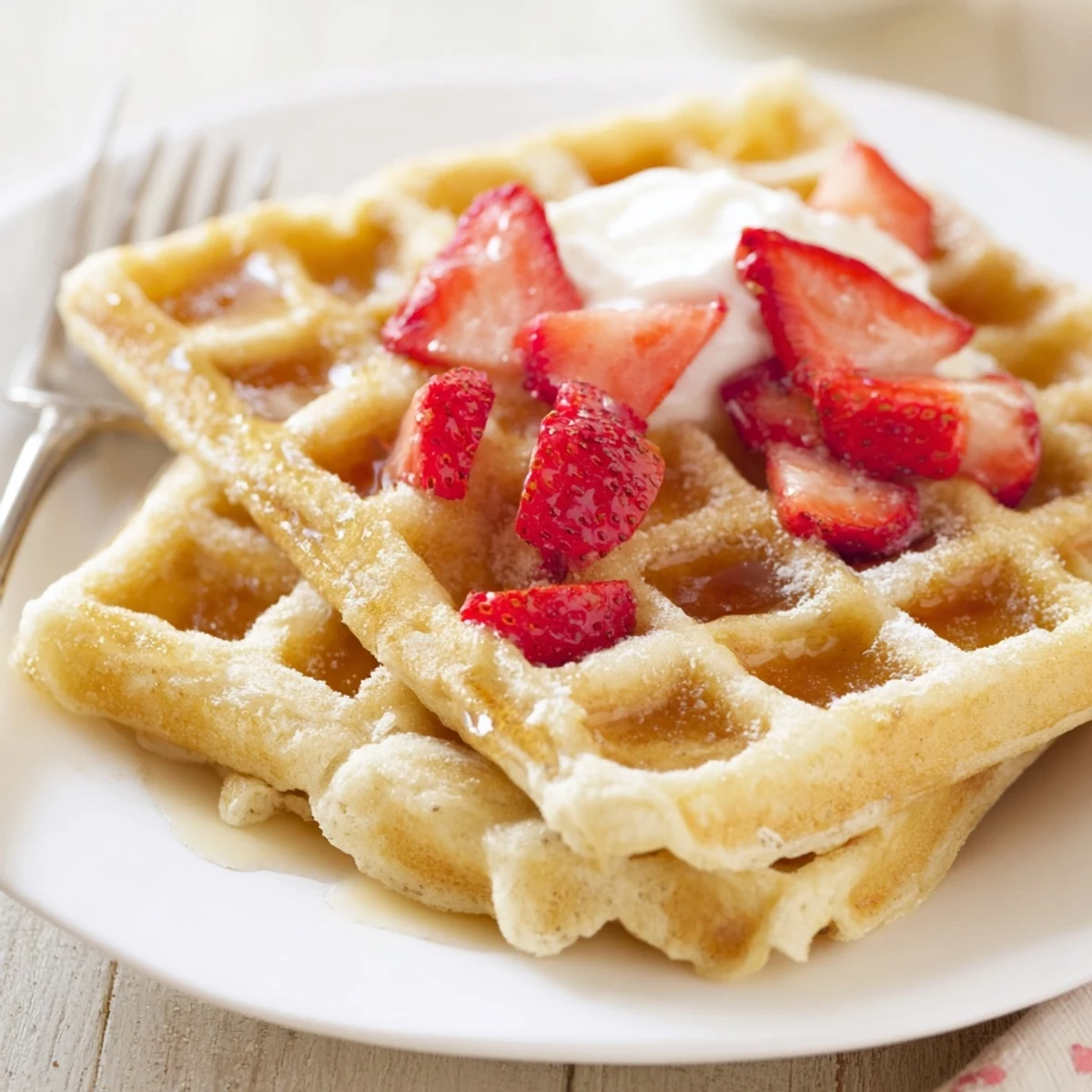 Strawberry Waffles Recipe with golden crisp edges, fluffy interior, juicy strawberry pockets