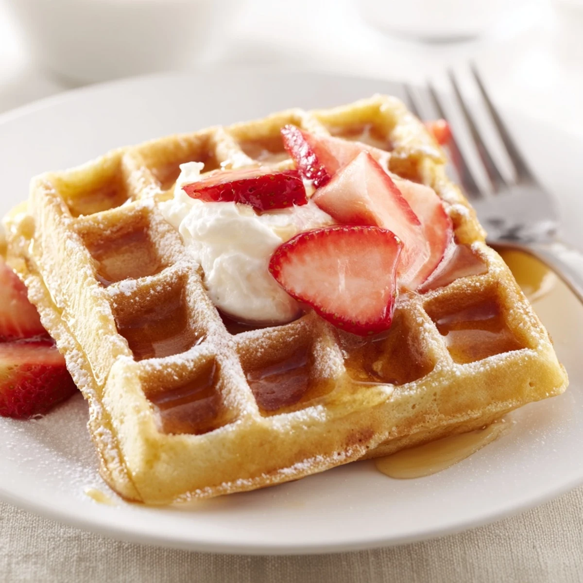 Morning brunch scene: Strawberry Waffles Recipe steaming on plate, sliced berries