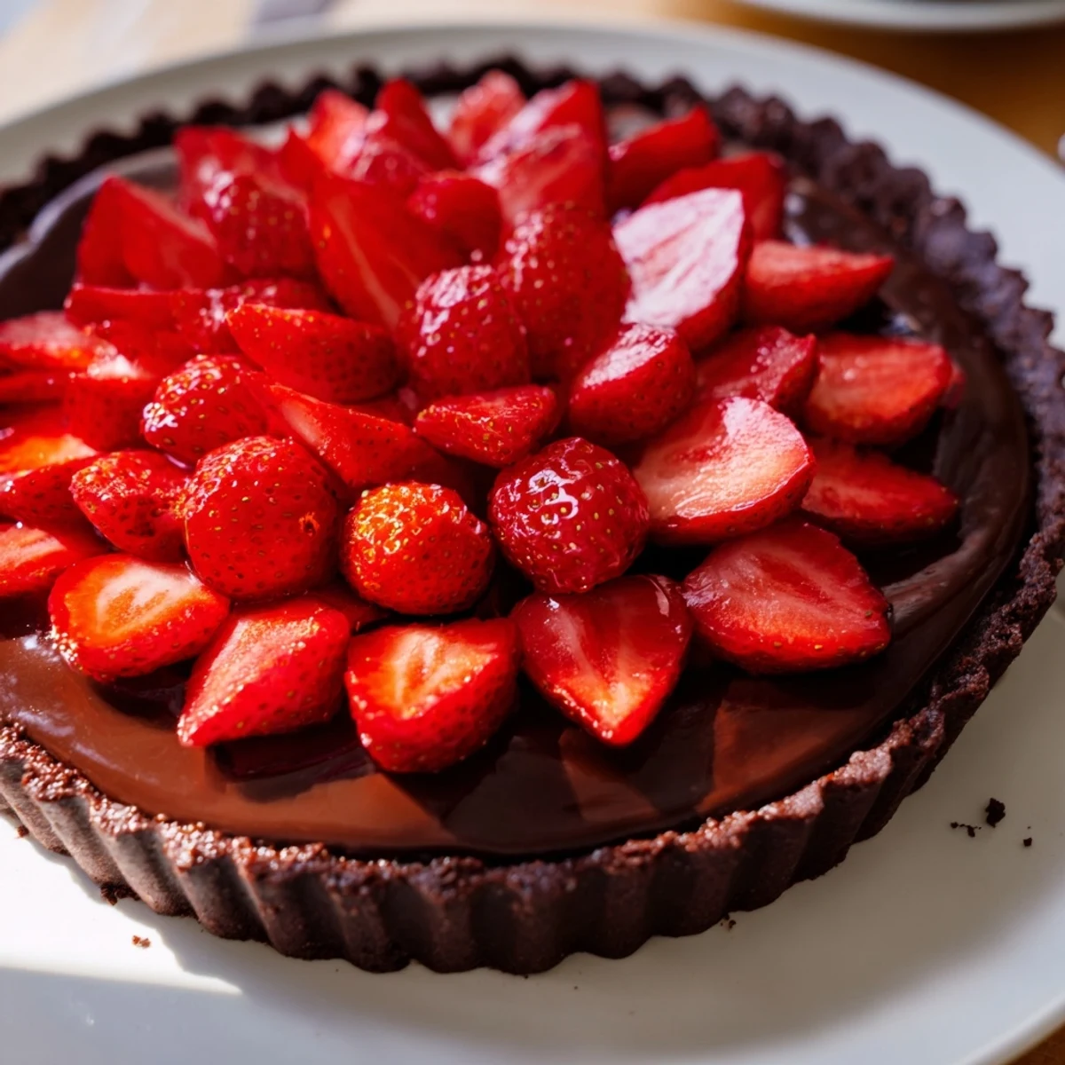 Dark Chocolate Strawberry Tart Recipe with glossy ganache and fresh halved strawberries