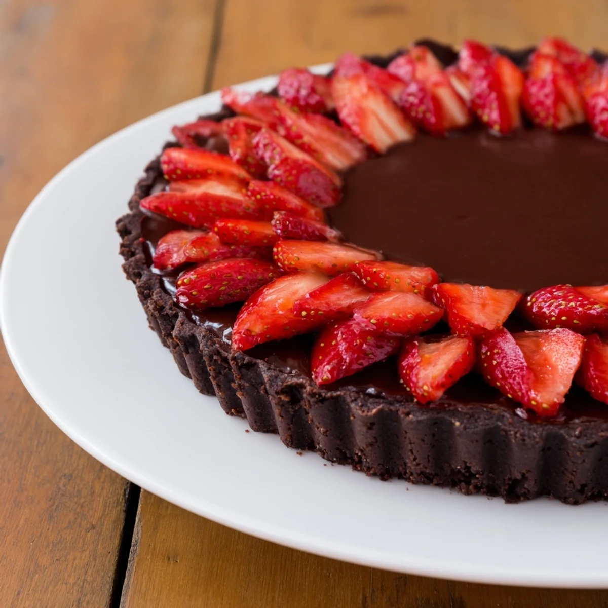 Chilled Dark Chocolate Strawberry Tart Recipe topped with apricot-glazed berries, almond sprinkle