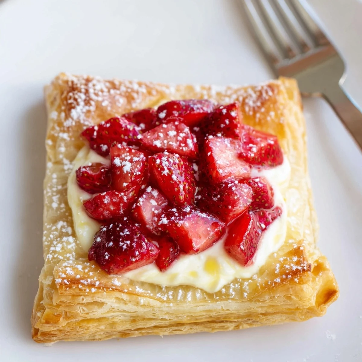 Freshly baked Strawberry Danish Recipe on parchment, flaky, buttery cream cheese center