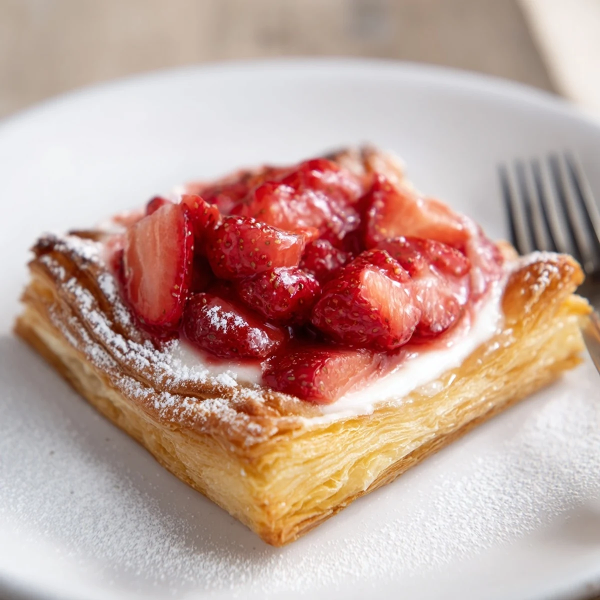 Plate of Strawberry Danish Recipe served warm with coffee, drizzled vanilla glaze
