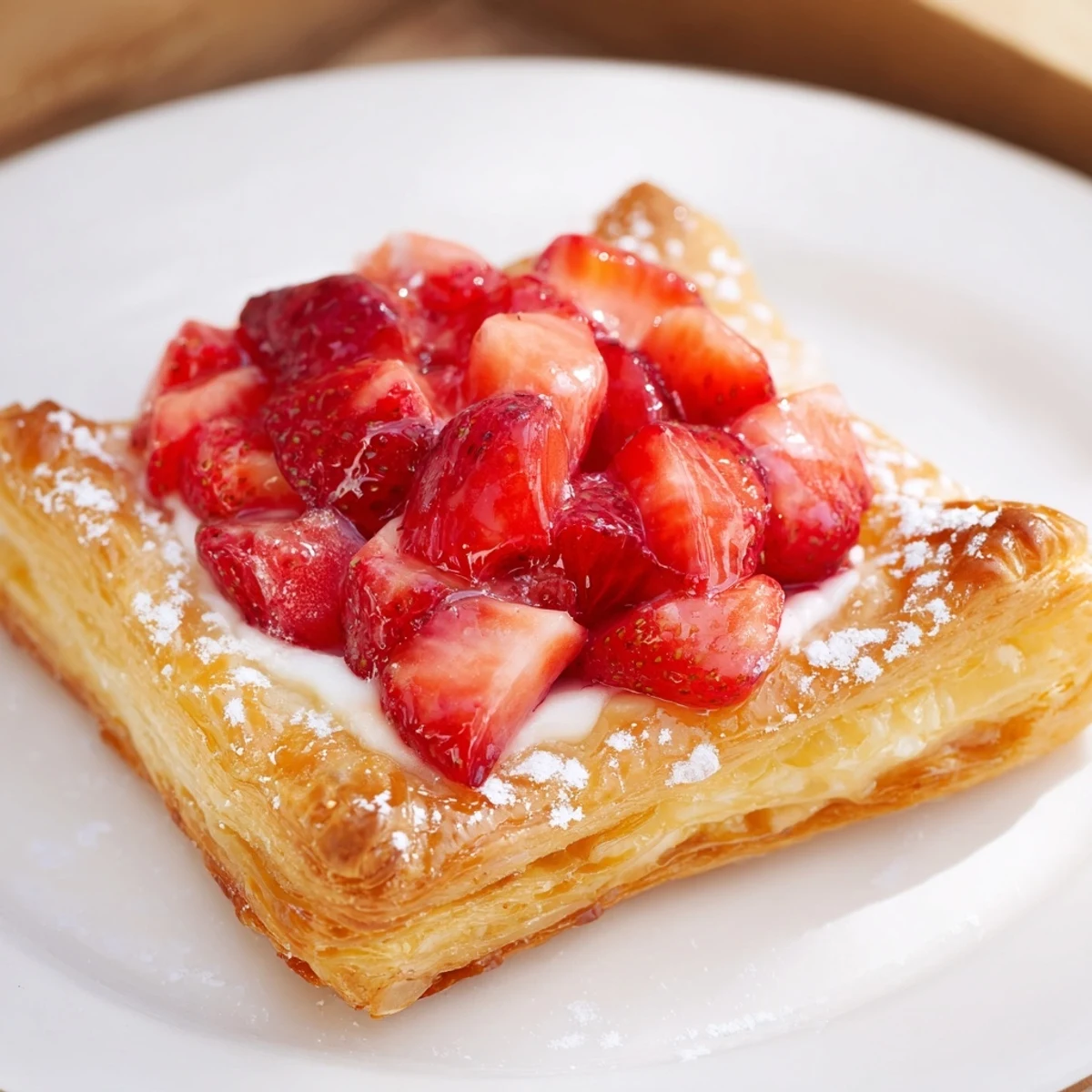 Close-up of Strawberry Danish Recipe topped with glossy strawberries and lemon zest