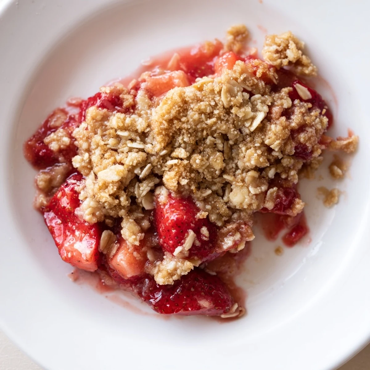 Fresh Strawberry Crisp Recipe bubbling golden in baking dish, topped with vanilla ice cream
